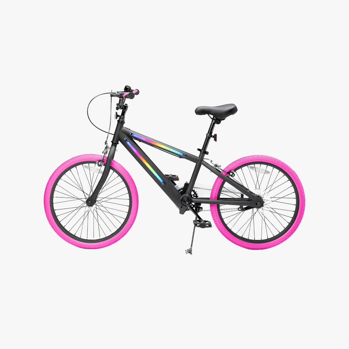 black frame and pink tires facing to the left with the kickstand down