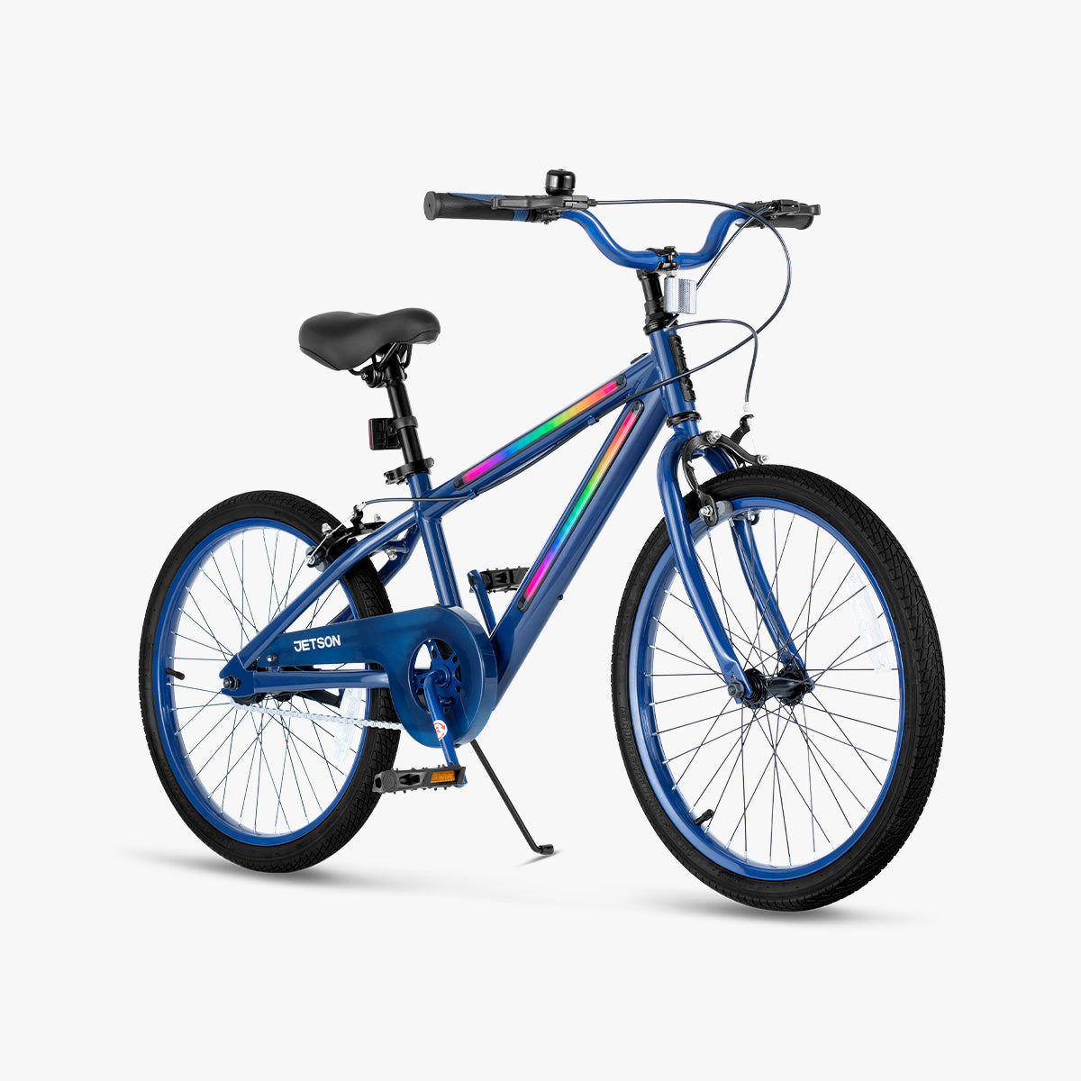 navy JLR X bike facing to the right with the kickstand down