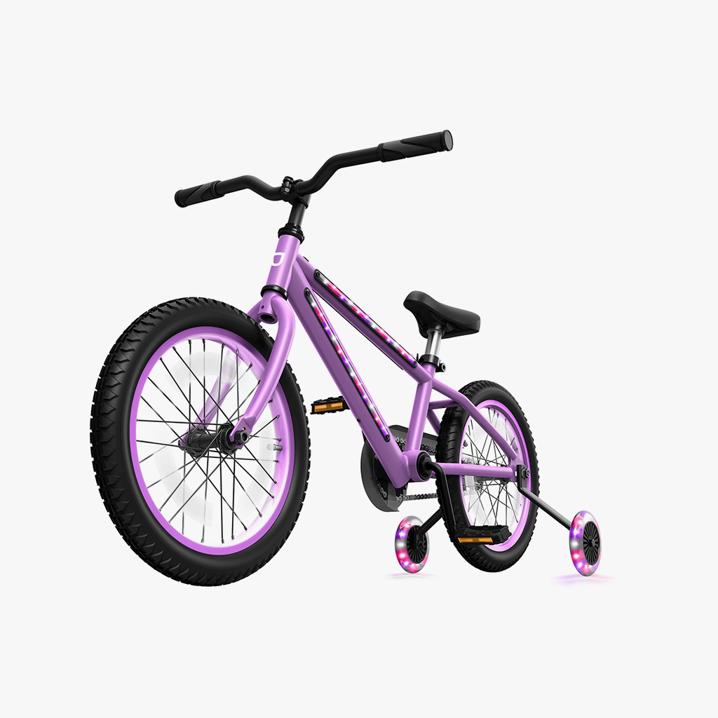 purple light up bike facing forward at an angle
