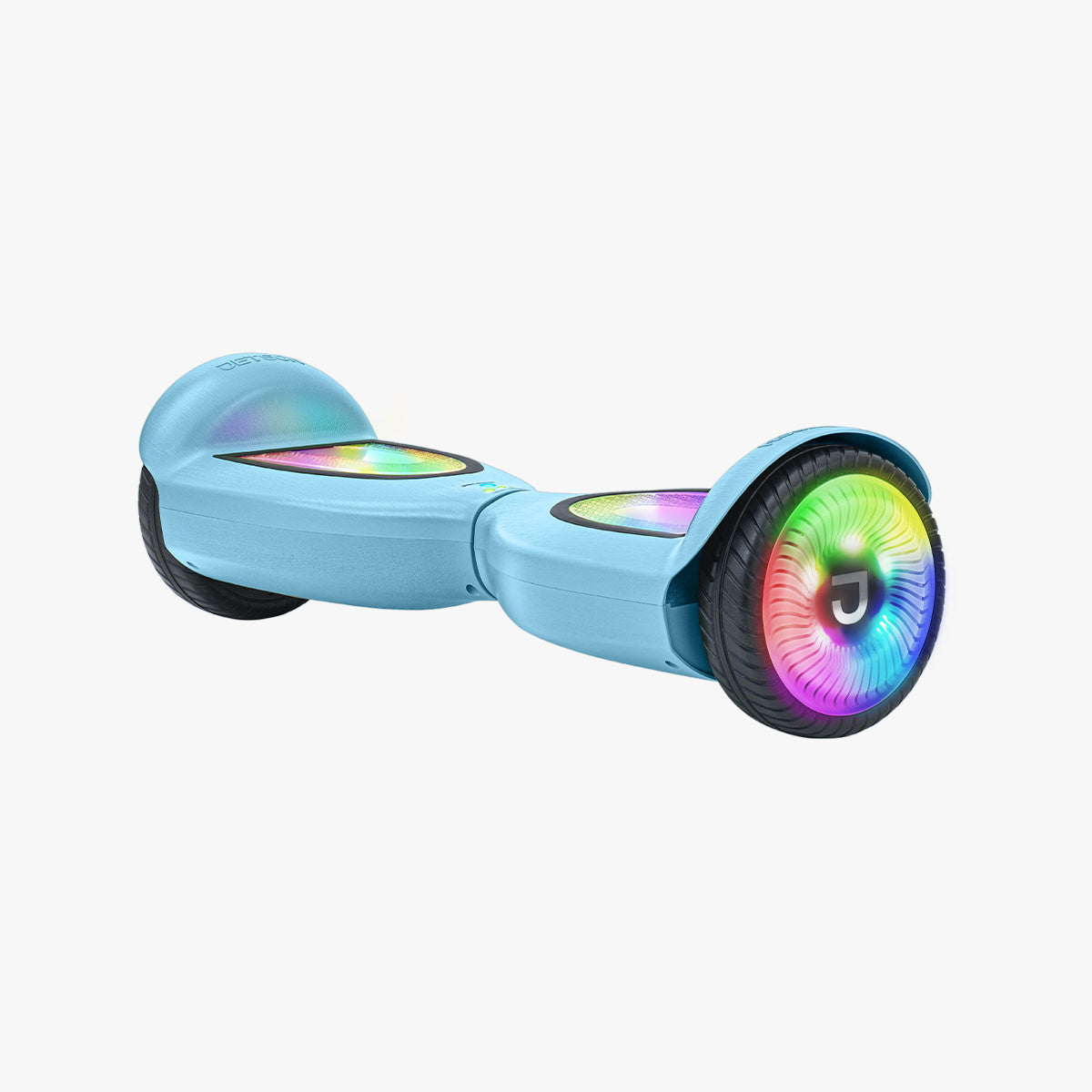 angled view of the light blue mojo hoverboard