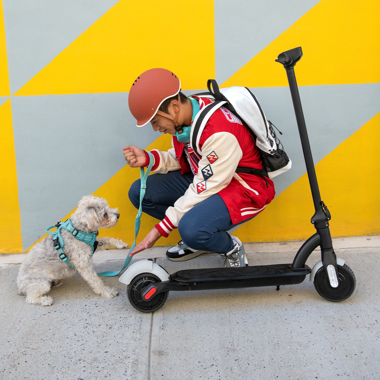 person kneeling down interacting with a dog next to their parked Ora Pro e-scooter