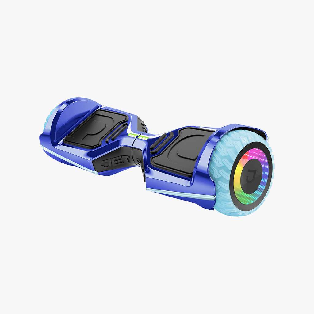 angled view of blue rave hoverboard