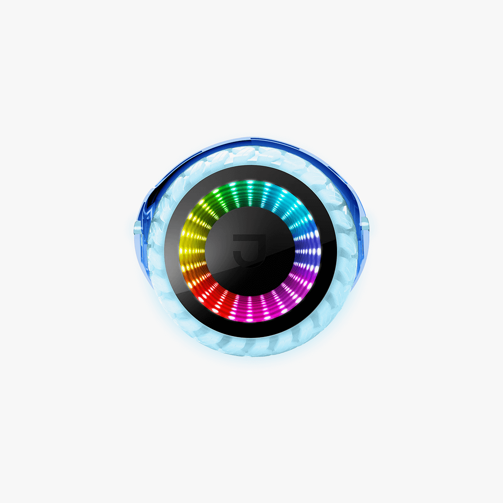 close up of wheel on blue rave hoverboard