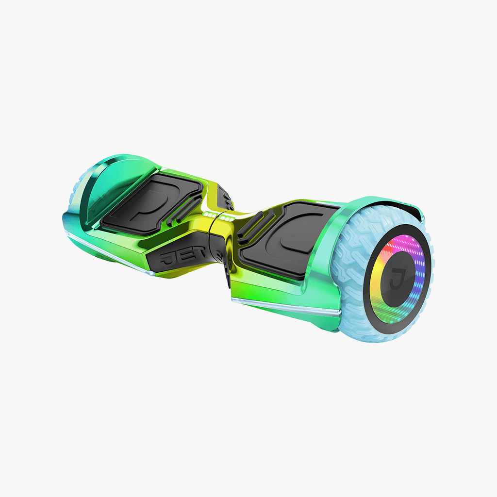 angled view of iridescent rave hoverboard