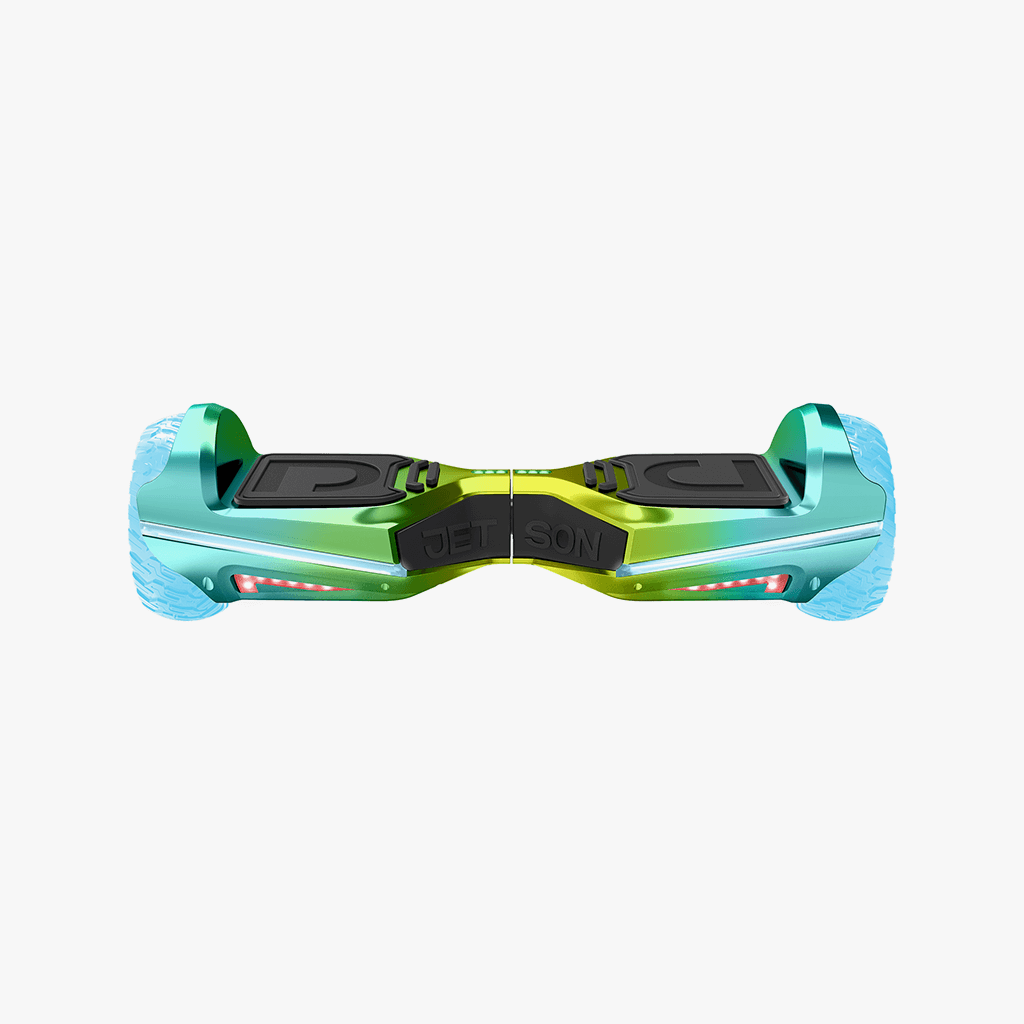 front view of iridescent rave hoverboard