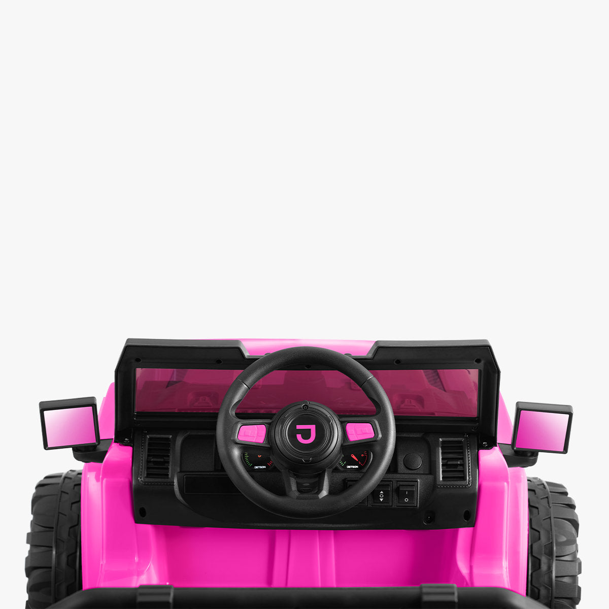 close up of steering wheel in pink safara ride-on