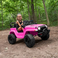 kid driving pink safara ride-on in the woods
