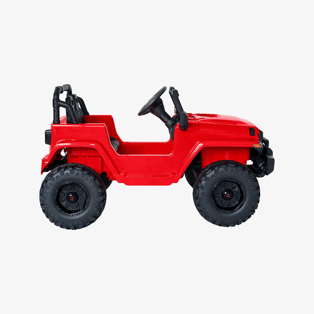 side profile of red safara ride-on facing to the left