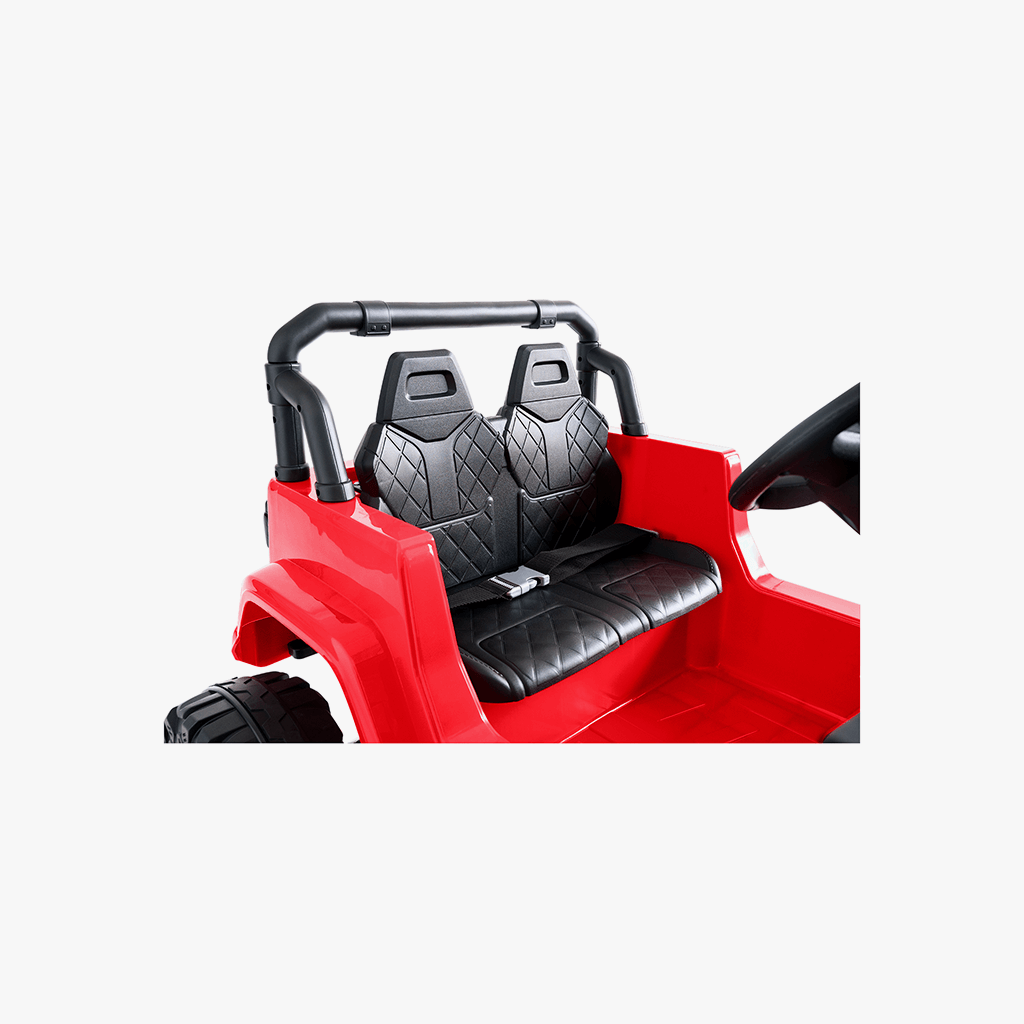 close up of seat in red safara ride-on