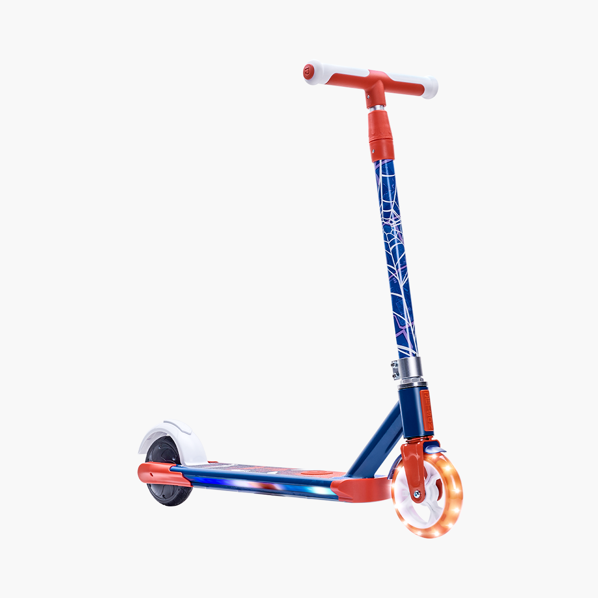 side view of the Spiderman electric scooter angled to the right
