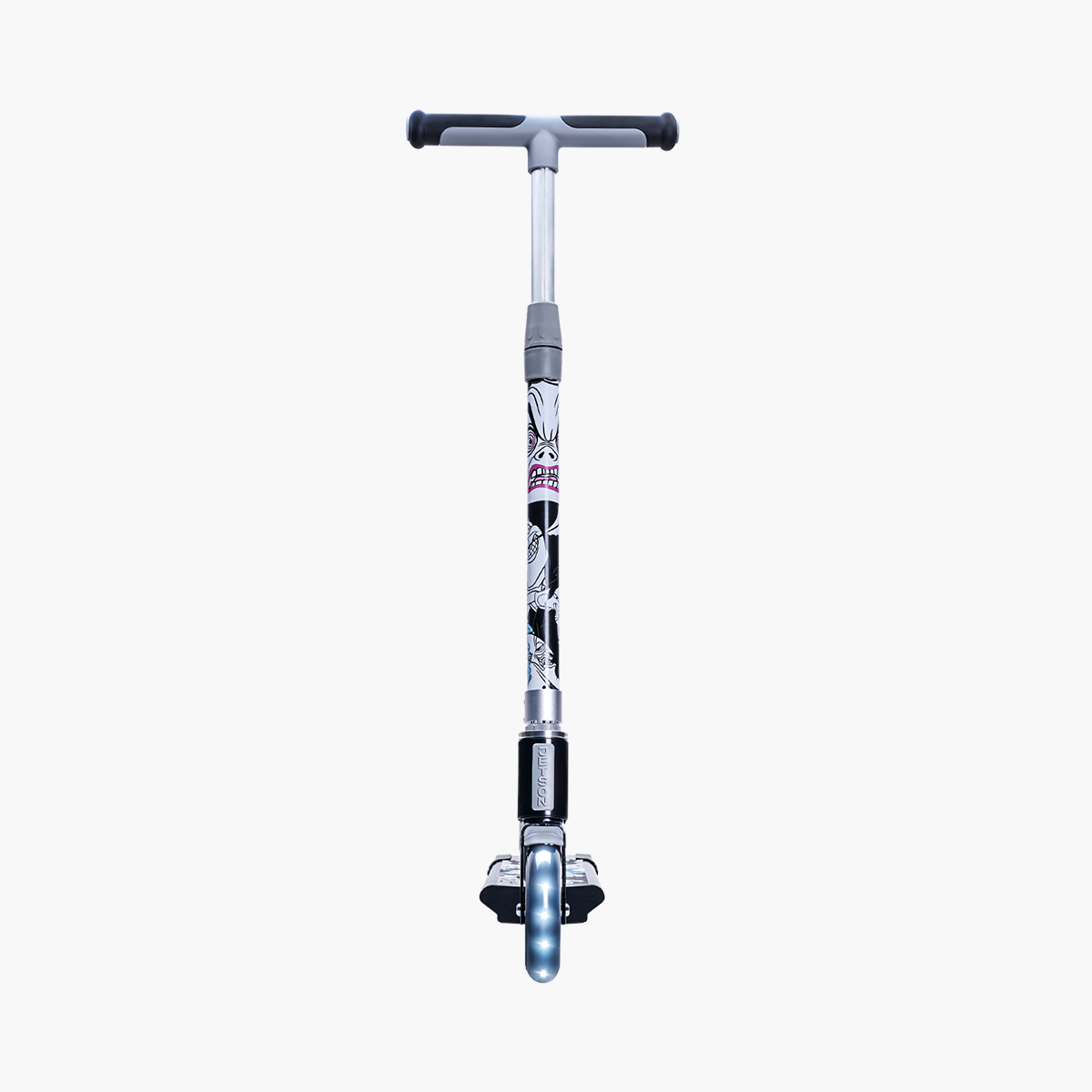 front view of the Villains electric scooter with the handlebars height extended