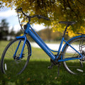 Journey bike with the kick stand down under a tree and in a grassy area