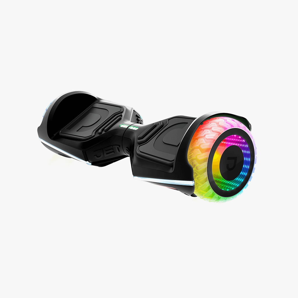 angled view of black rave hoverboard