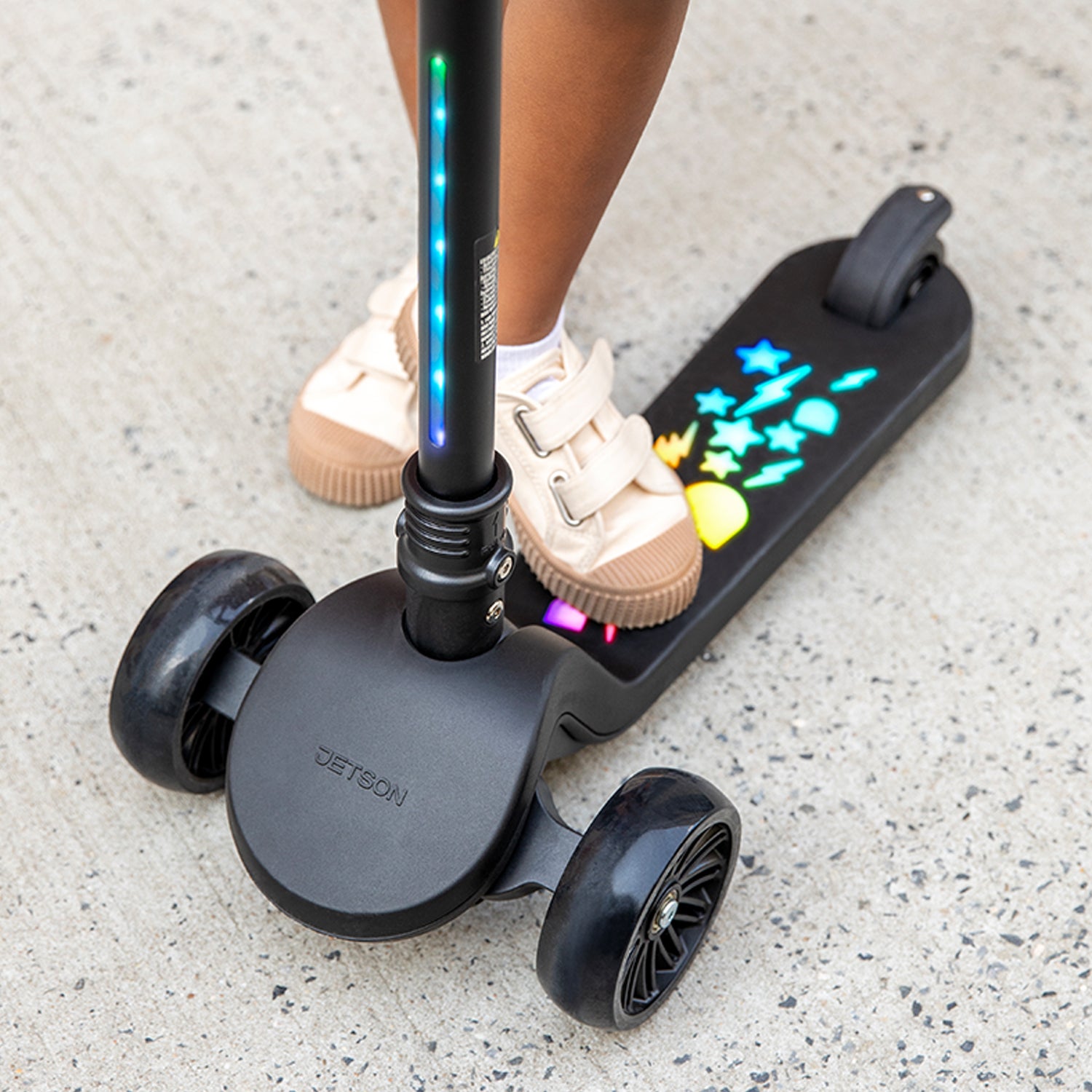 close up of light up stem on amber kick scooter