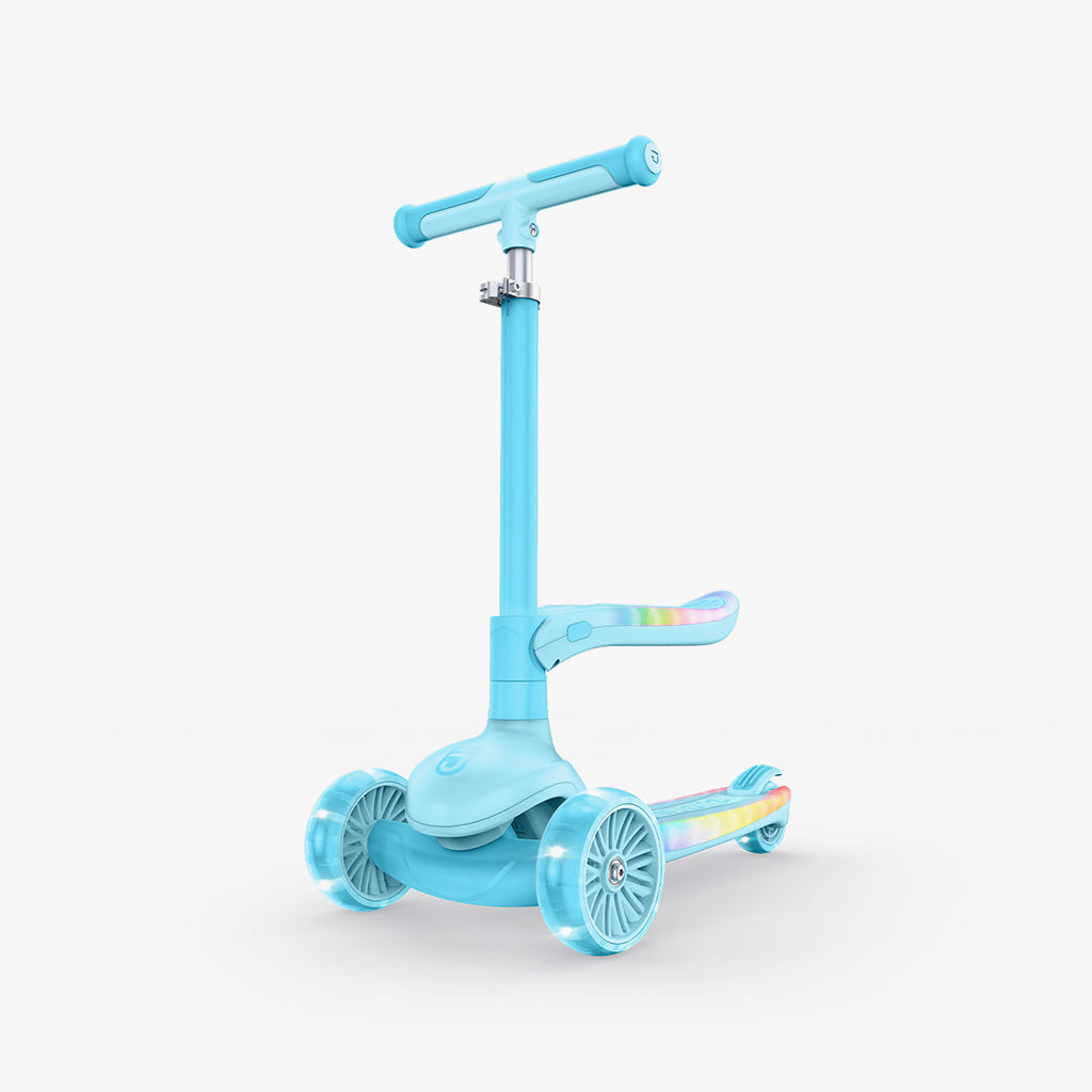 aria kick scooter with a blue handlebar and rainbow-colored wheels on a white background