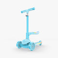 aria kick scooter with a blue handlebar and rainbow-colored wheels on a white background