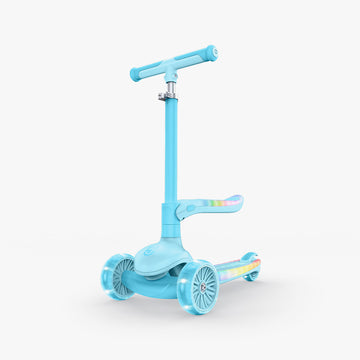 aria kick scooter with a blue handlebar and rainbow-colored wheels on a white background