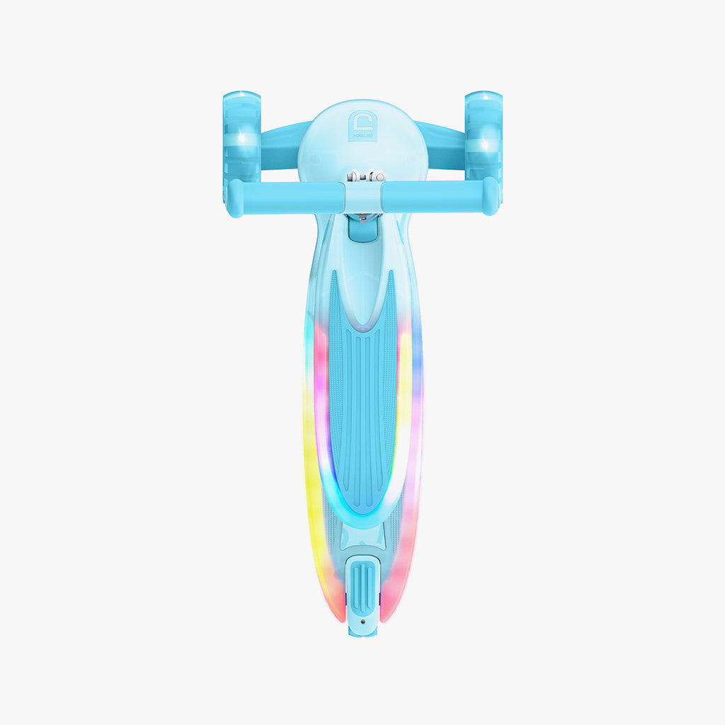 view from above of blue scooter with colorful lights 
