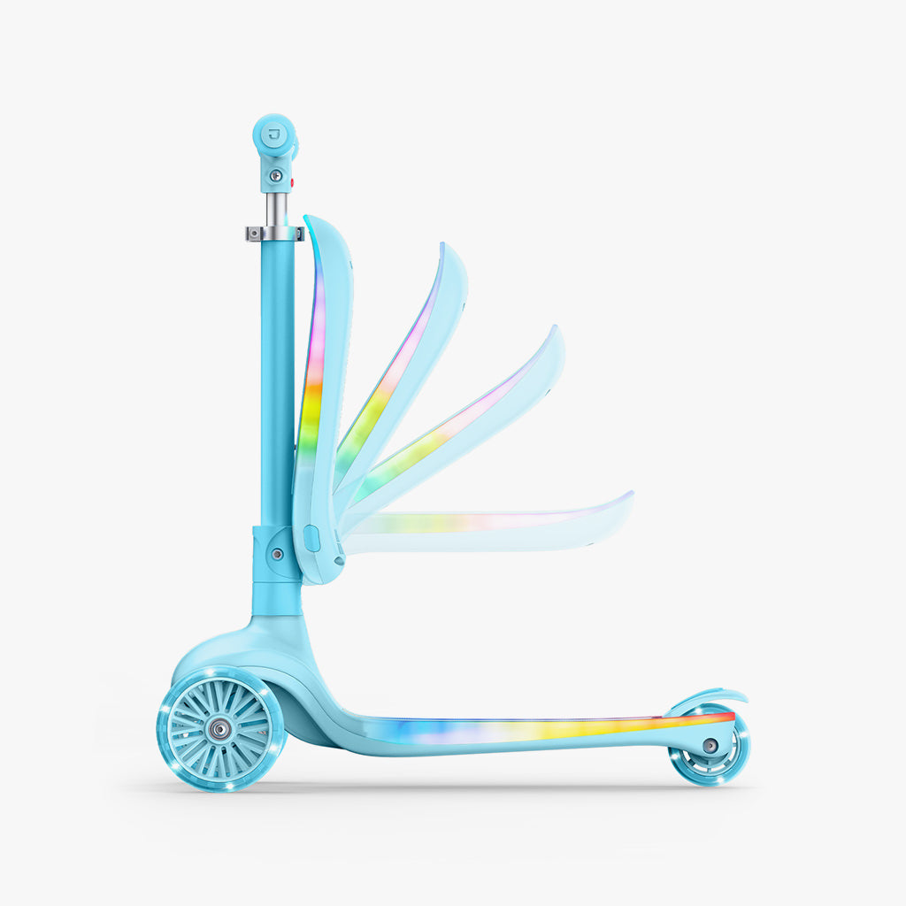 side profile of seat being raised on blue aria kick scooter