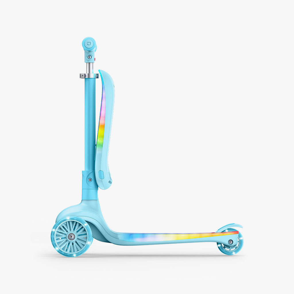 side profile of seat in upright position on blue aria kick scooter