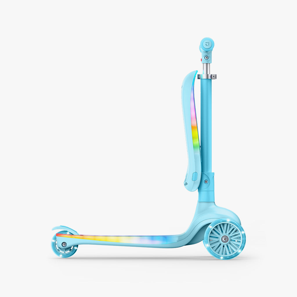side profile to the right of the aria kick scooter with the seat raised up