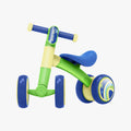 handlebar and wheels turned to the left on the green and blue bounce balance bike