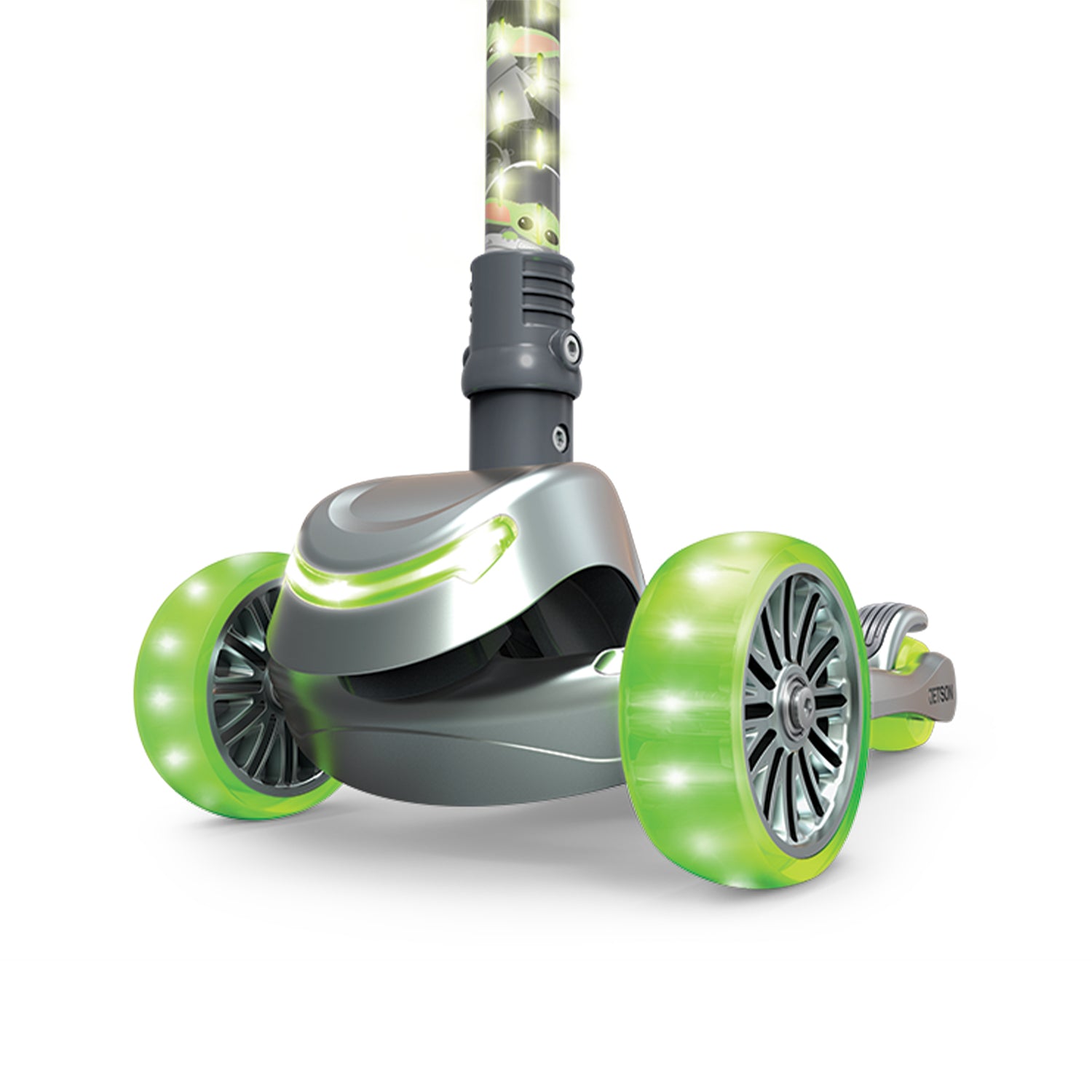close up of the light up wheels and headlight on the disney grogu kick scooter