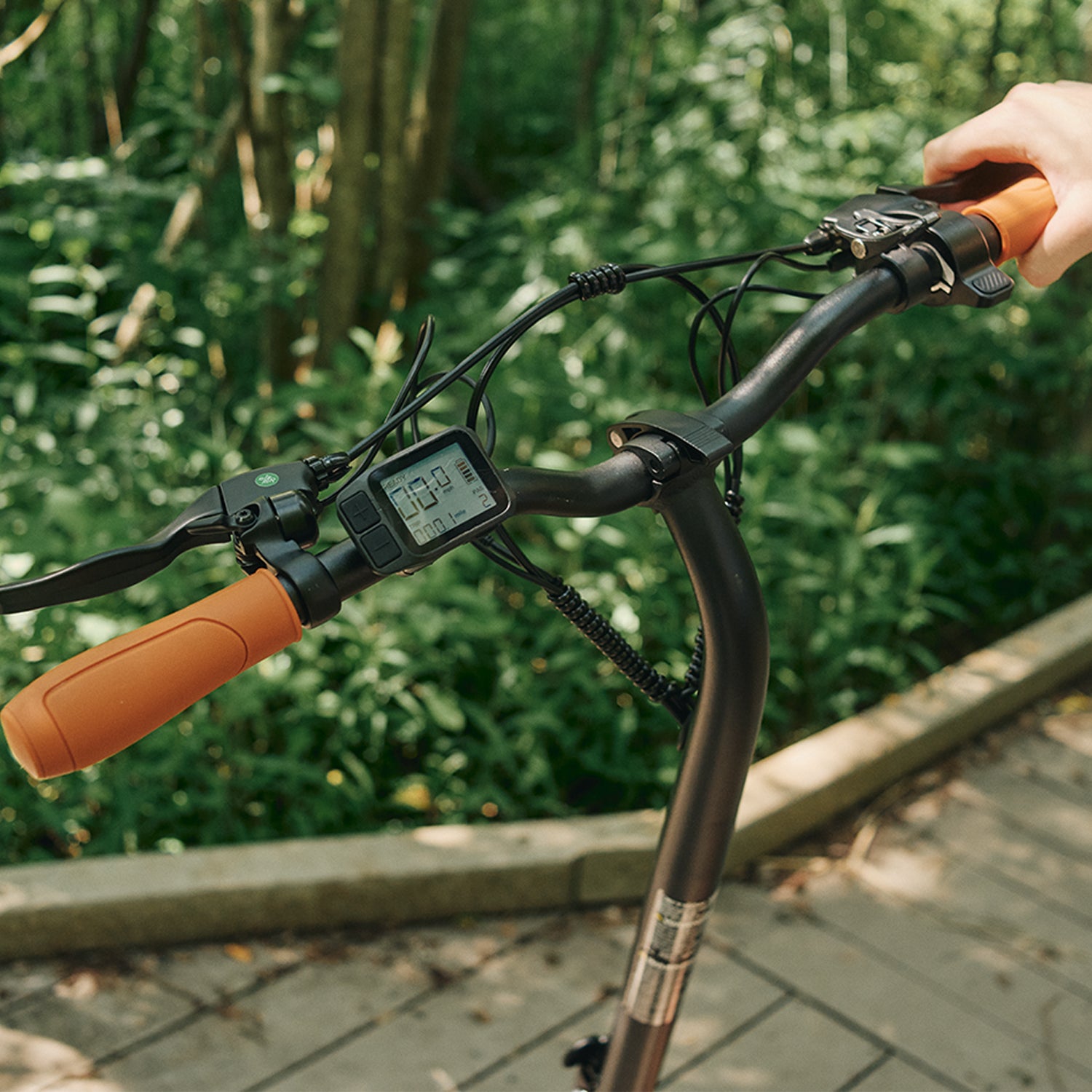 close up of the handlebar and lcd display