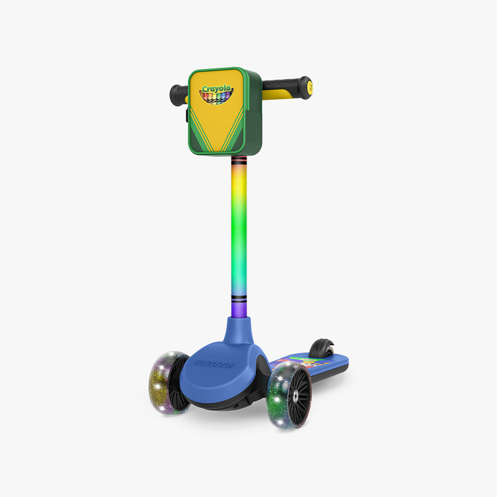 multi color crayola kick scooter with front bag attached to handlebar