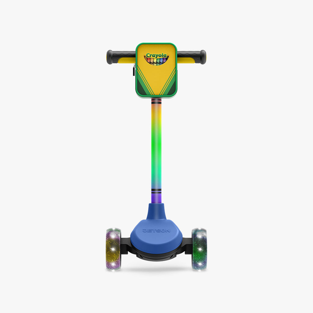 front view of crayola kick scooter with zippered bag