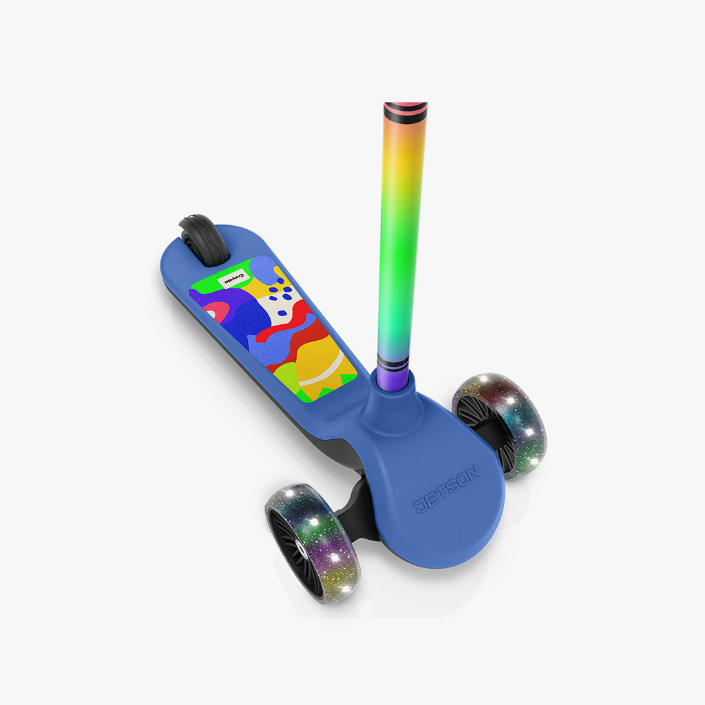 close up of multi color wheels and colorful scooter deck