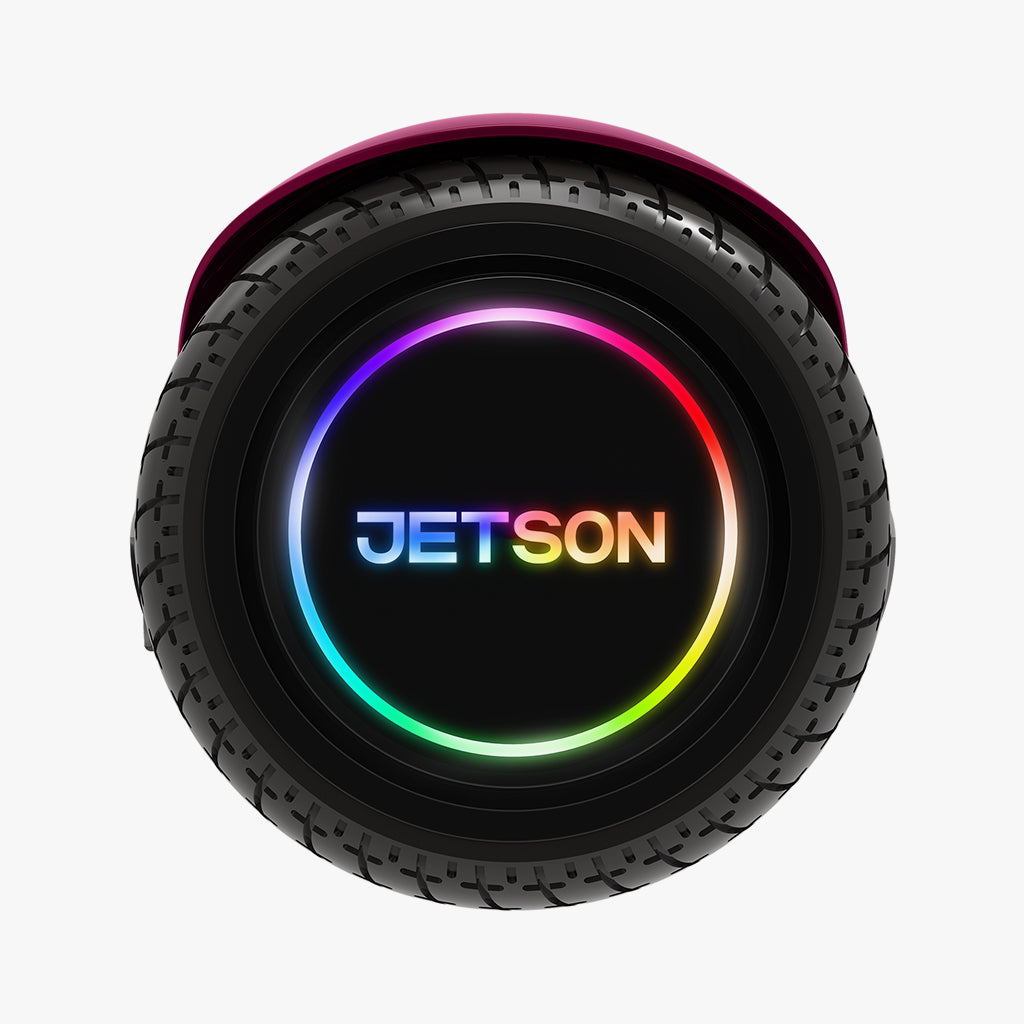 close up of light up wheel on purple dash hoverboard