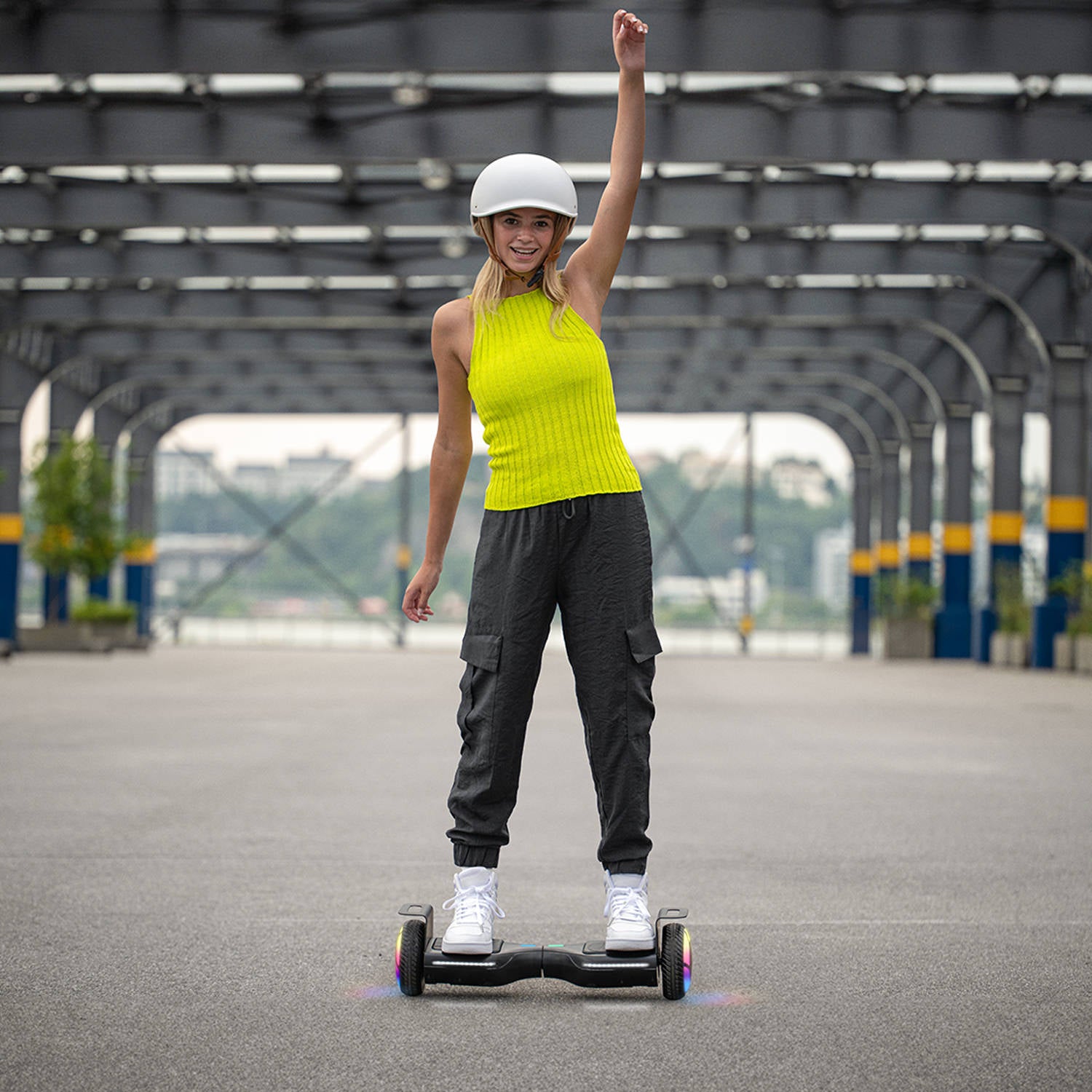 girl riding the hoverboard from fade jetkart combo