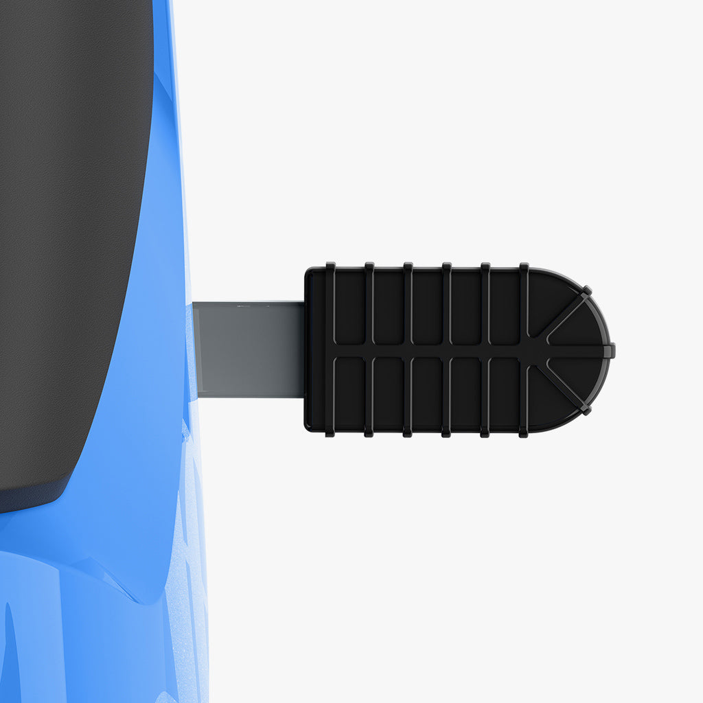 close up of foot rest on blue fort ride-on