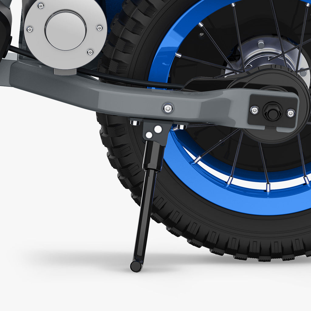 close up of kickstand on blue fort ride-on