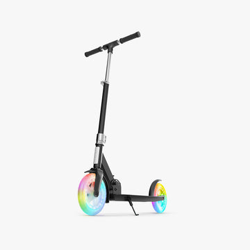 galaxy kick scooter with rainbow wheels standing on kickstand