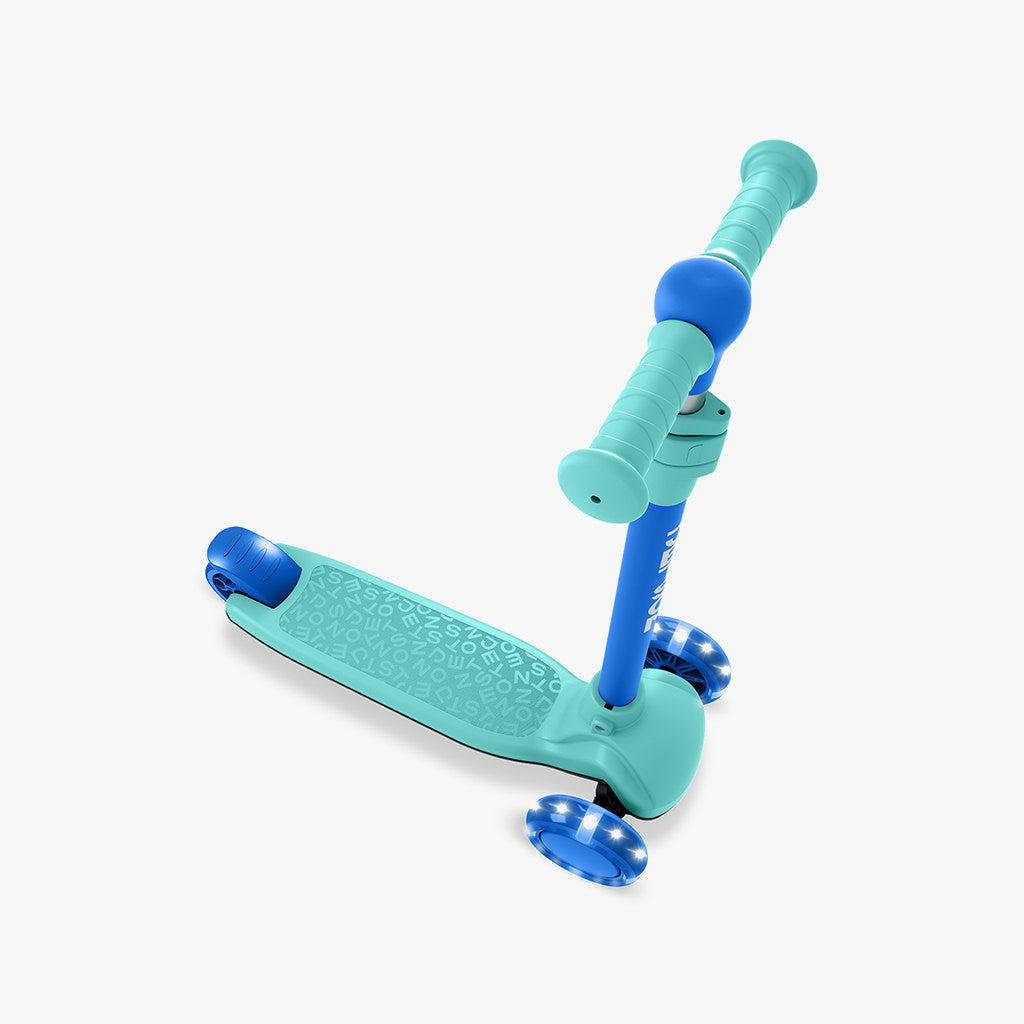 angled top view of blue gem kick scooter deck