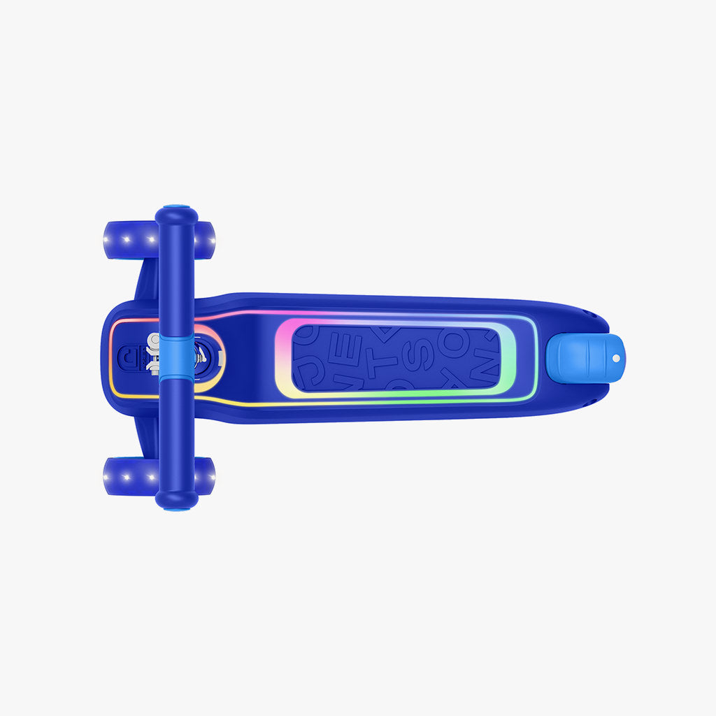 overhead view of scooter deck on blue halos kick scooter