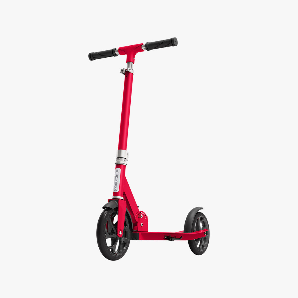 deep red hex kick scooter facing forward on a diagonal