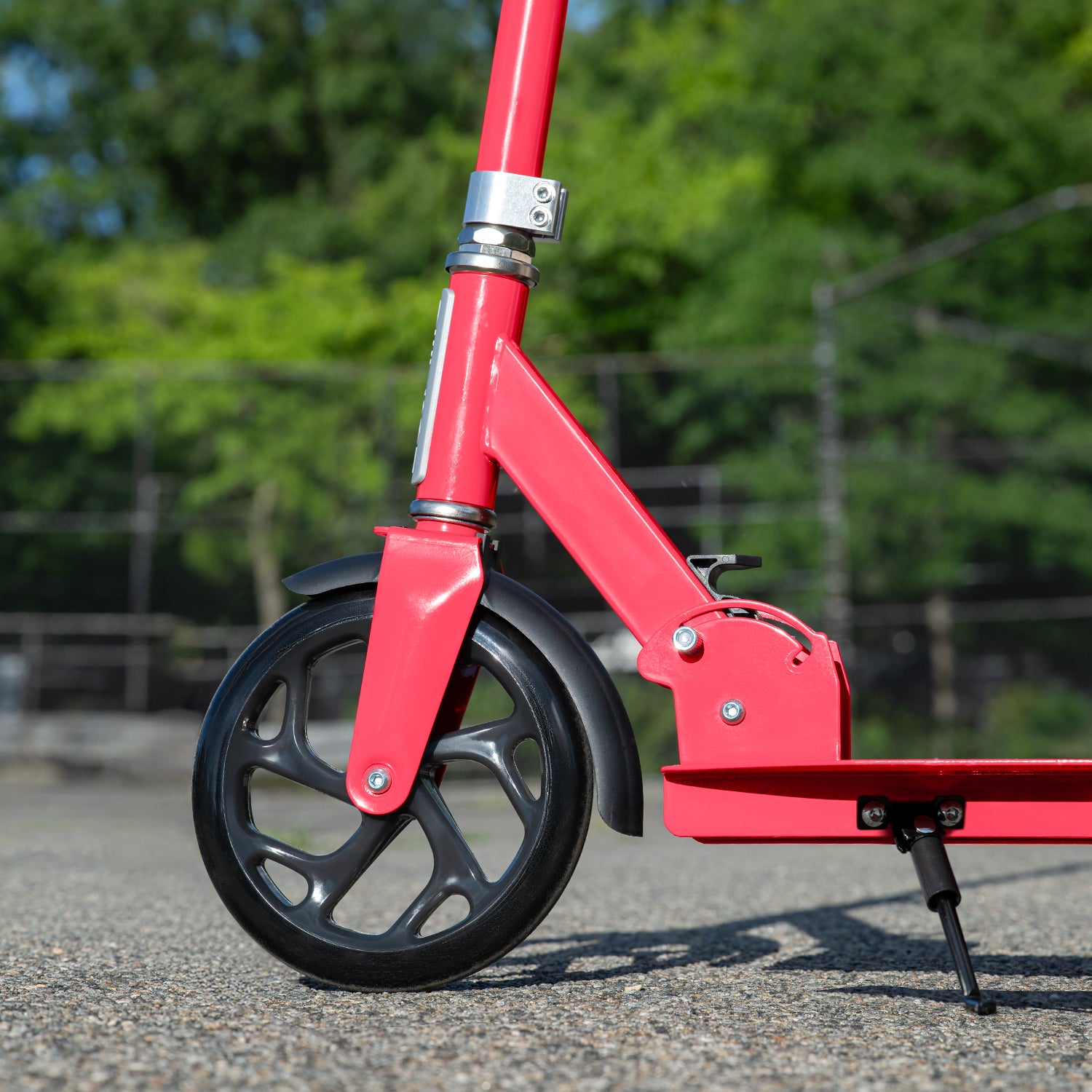 close up of front wheel and kickstand on hex kick scooter