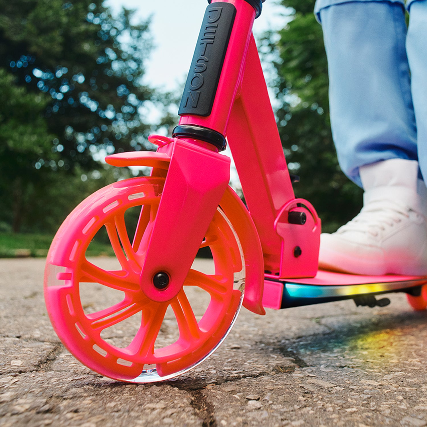 close up of kinetic front wheel on highlight kick scooter