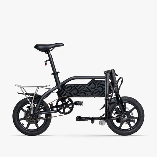 J5 bike with the handlebar folded down with cargo rack