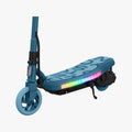 close up of light up deck on blue joust electric scooter with kickstand