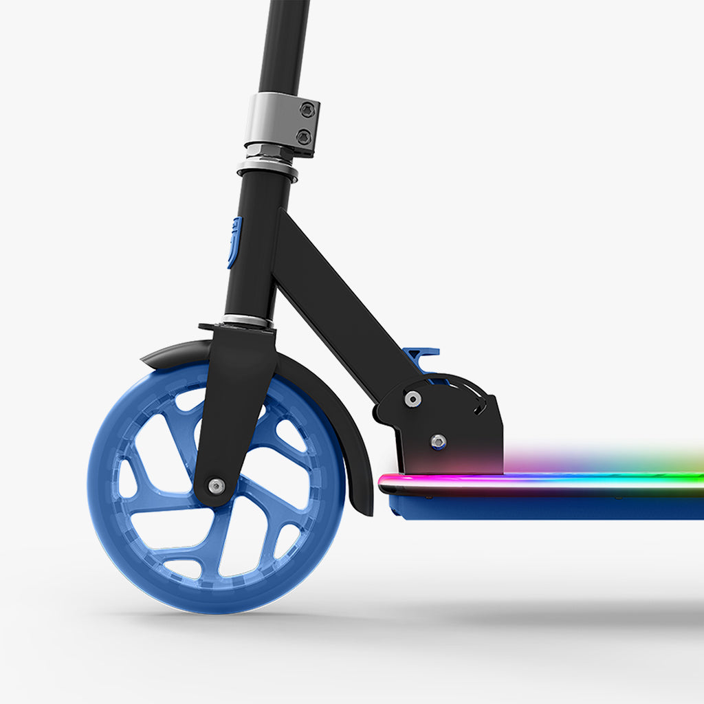 close up of the front wheel and light up deck on j-ray kick scooter