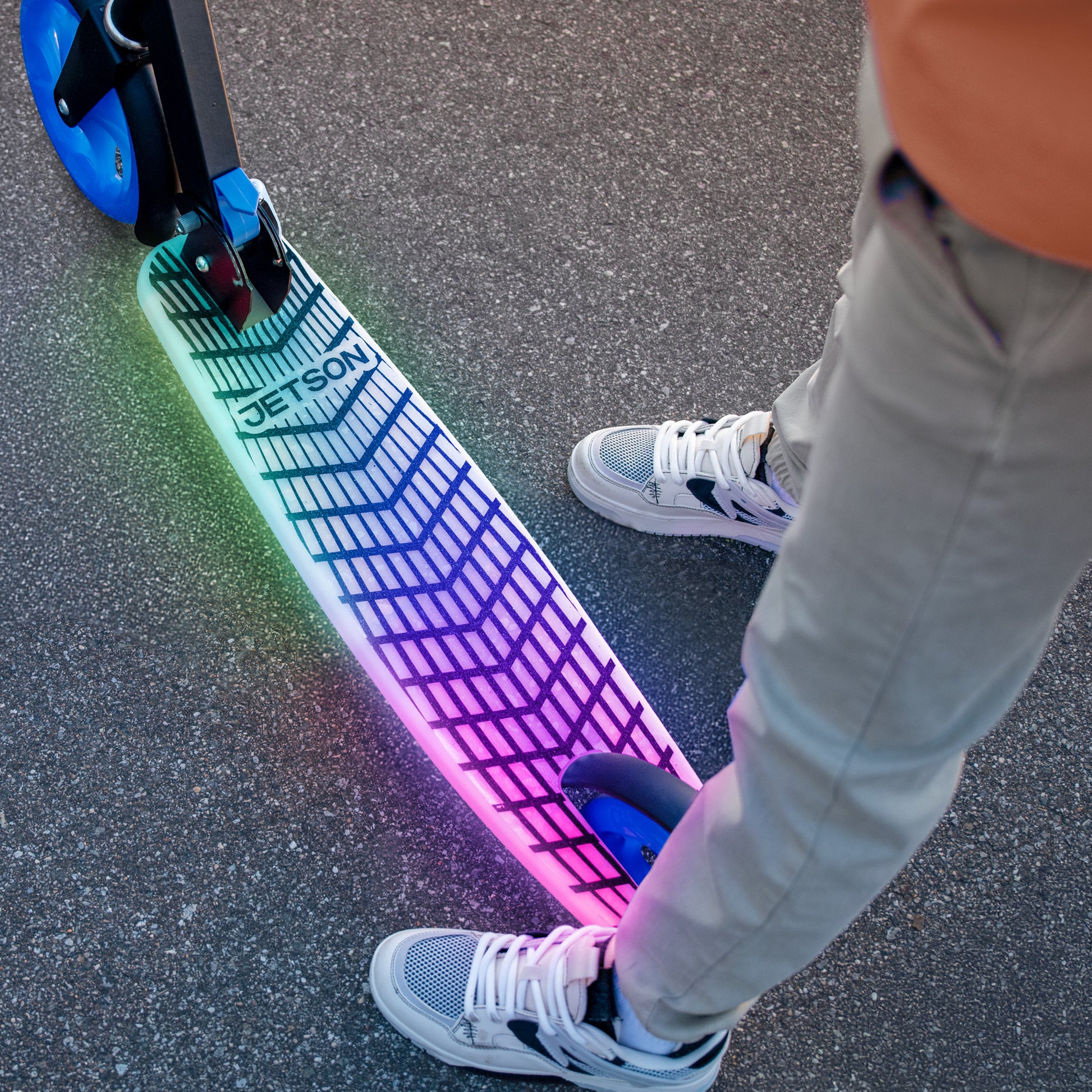 close up of light up deck on J-Ray kick scooter