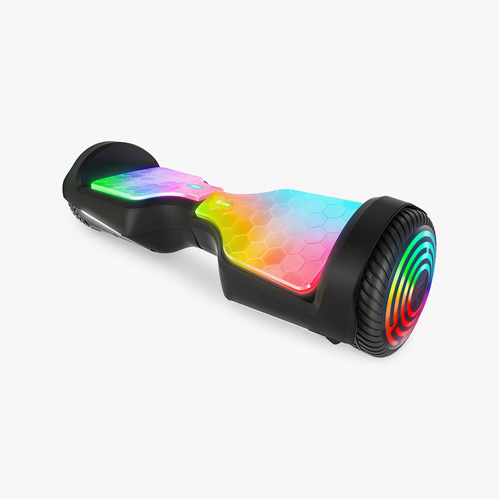 rainbow lit up footpads on lumino hoverboard