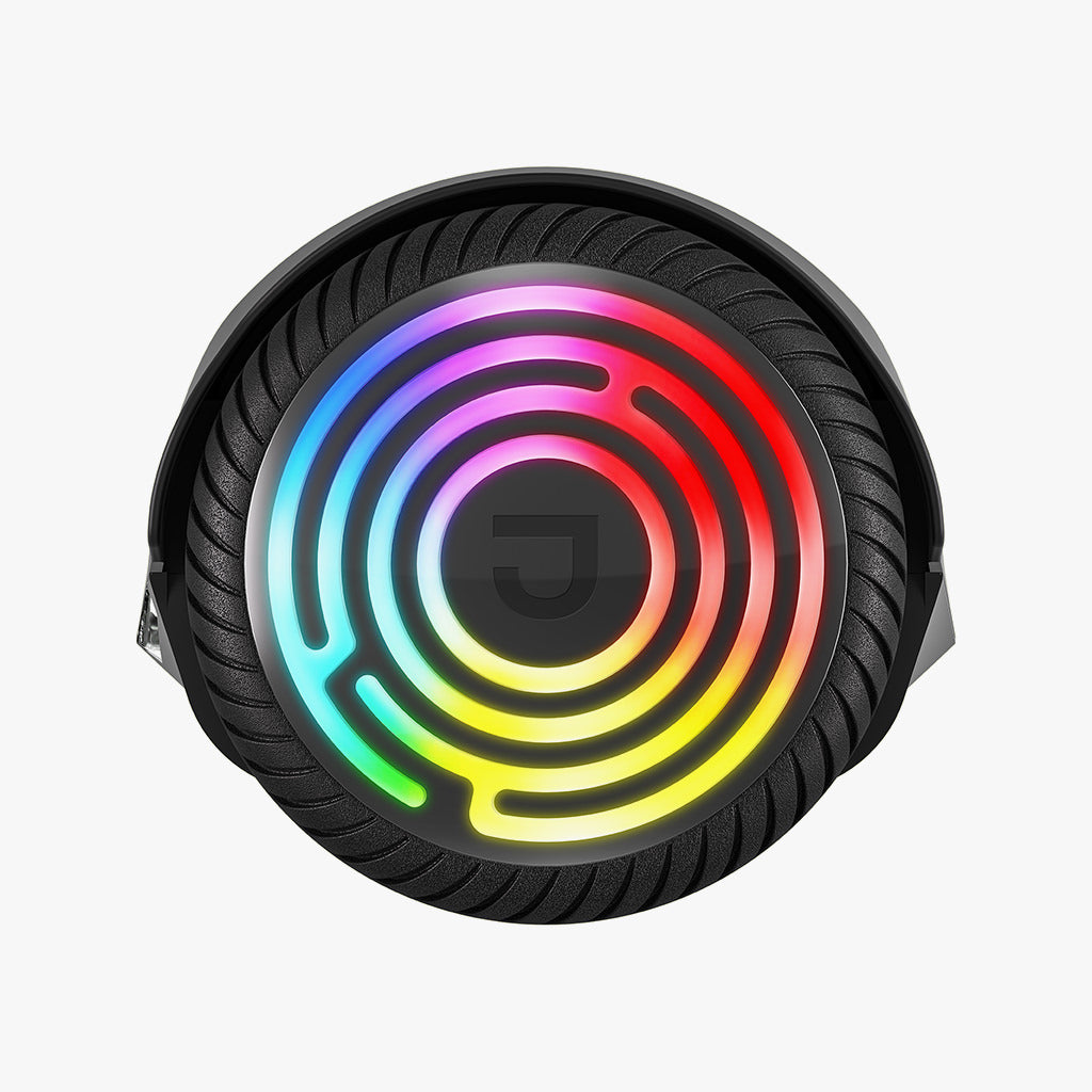 close up of the lit up wheel on the lumino hoverboard
