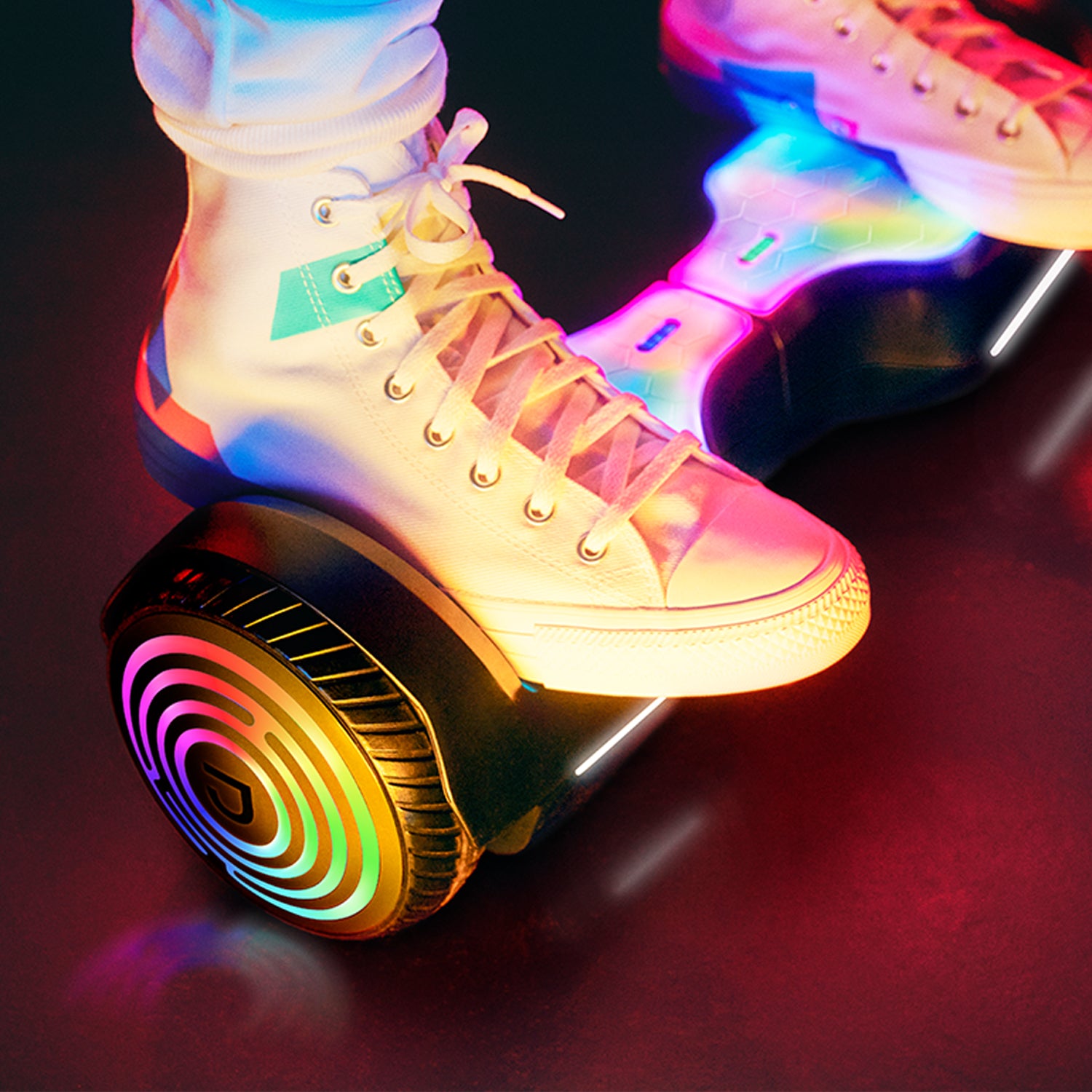 close up of feet riding on the lumino hoverboard 