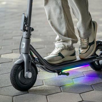 close up of light up deck on loomis electric scooter