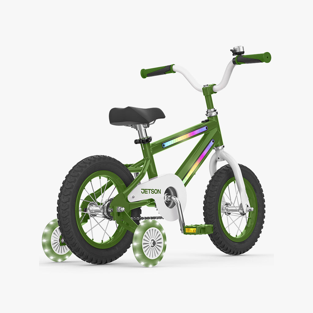 green jetson light rider bike from the side showcasing training wheels